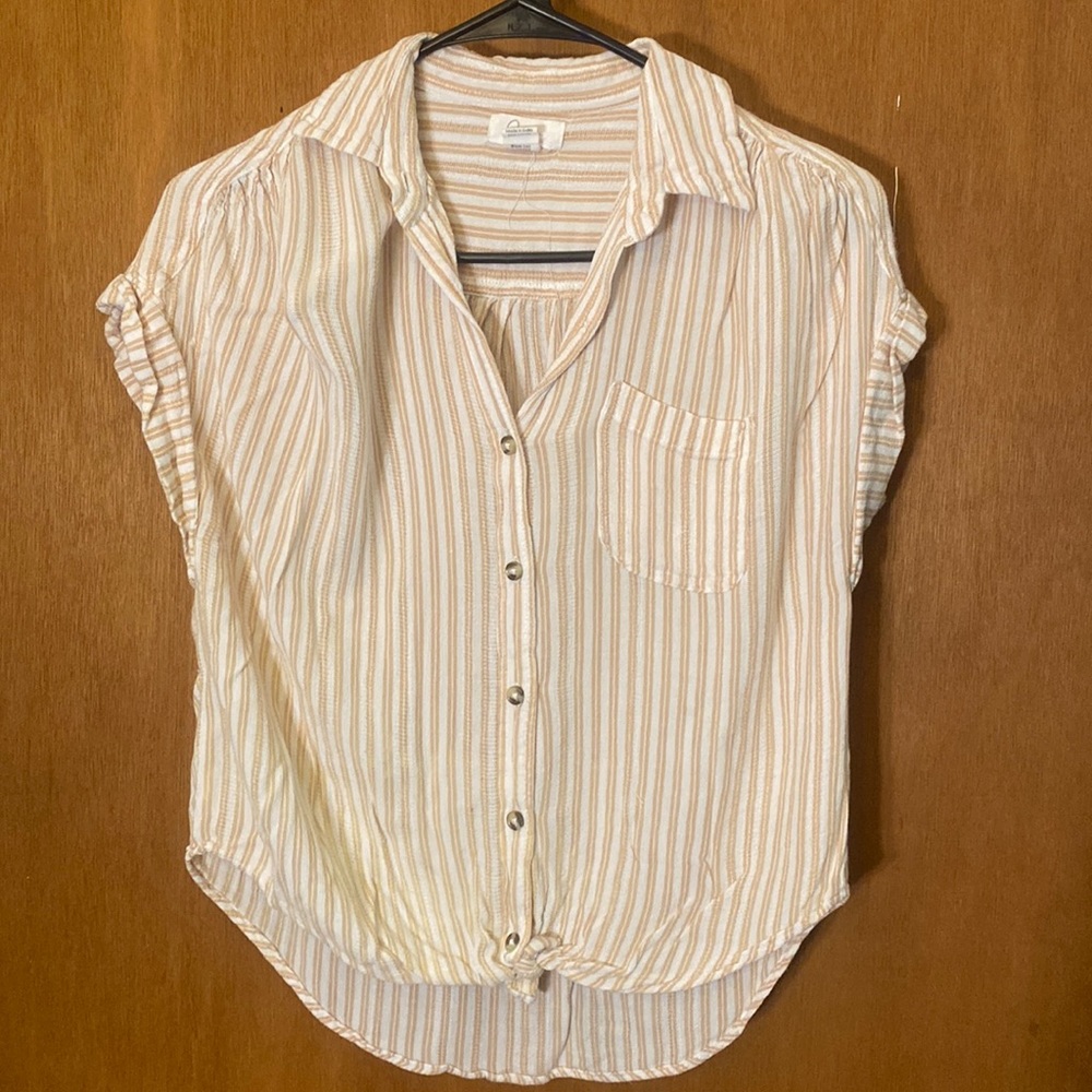 Tan and white striped blouse